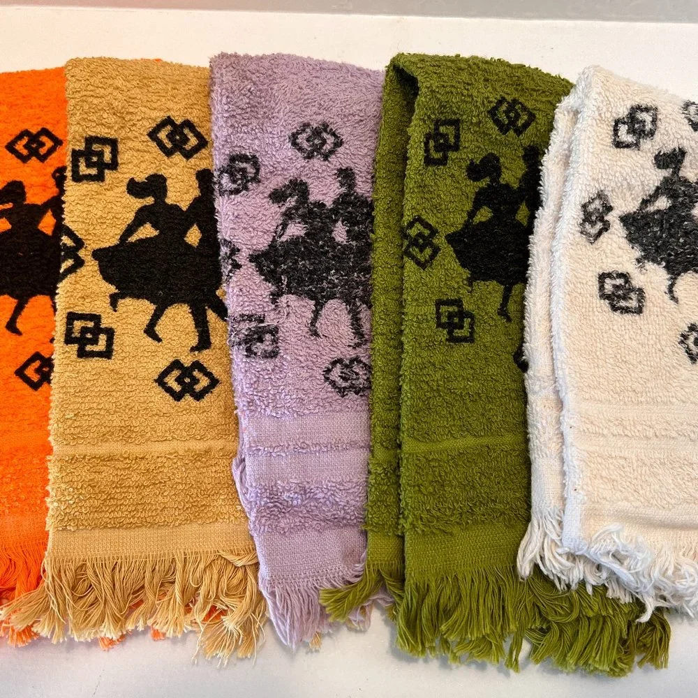 70's Funky Square Dancing Fringed Fingertip Towels - Guest Towels - Set of 5
